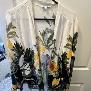 Chico's Cream Floral Open-Front Cardigan with Yellow & Green Accents